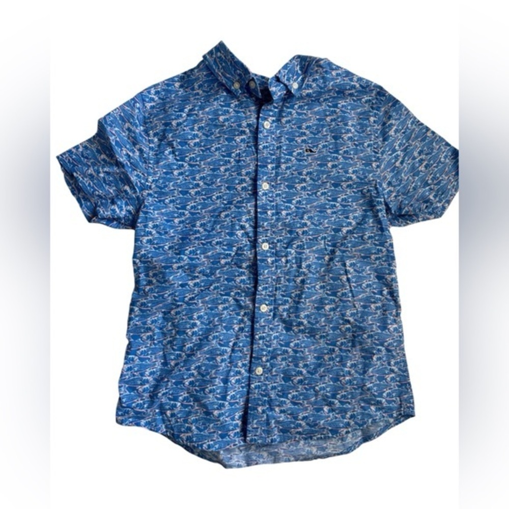 Vineyard Vines Blue Patterned fish Kids Button Down Shirt - Picture 1 of 5